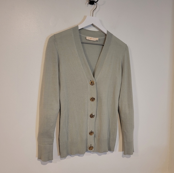 Tory Burch Simone Cardigan Sweater Green Ribbed Logo Gold Button Front Cotton - Picture 4 of 9